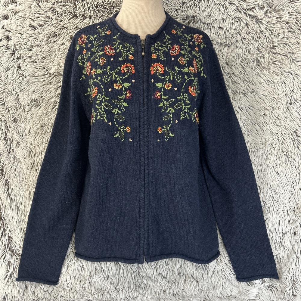 Croft & Barrow Zip Up Cardigan Sweater Embroidered Floral Navy‎ Granny Cottage L